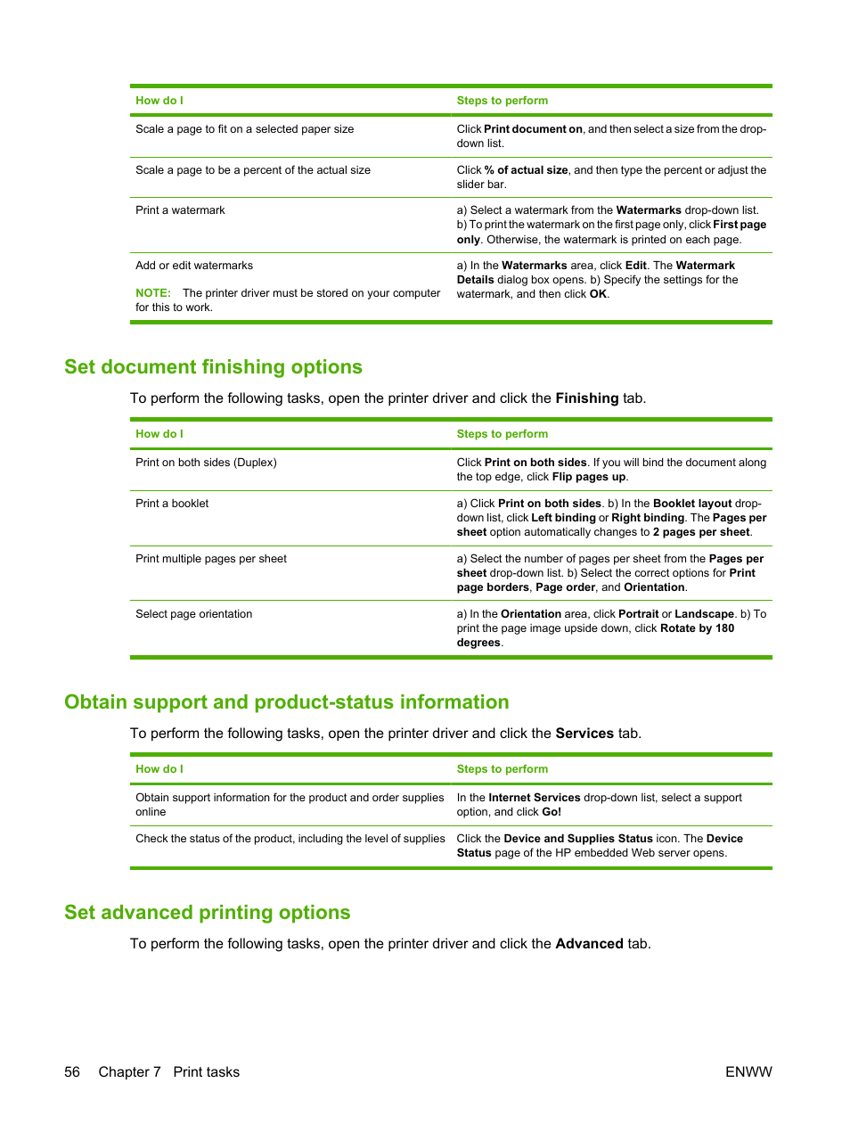 Set document finishing options, Obtain support and product-status information, Set advanced printing options | HP Color LaserJet CP2025 Printer series User Manual | Page 66 / 166