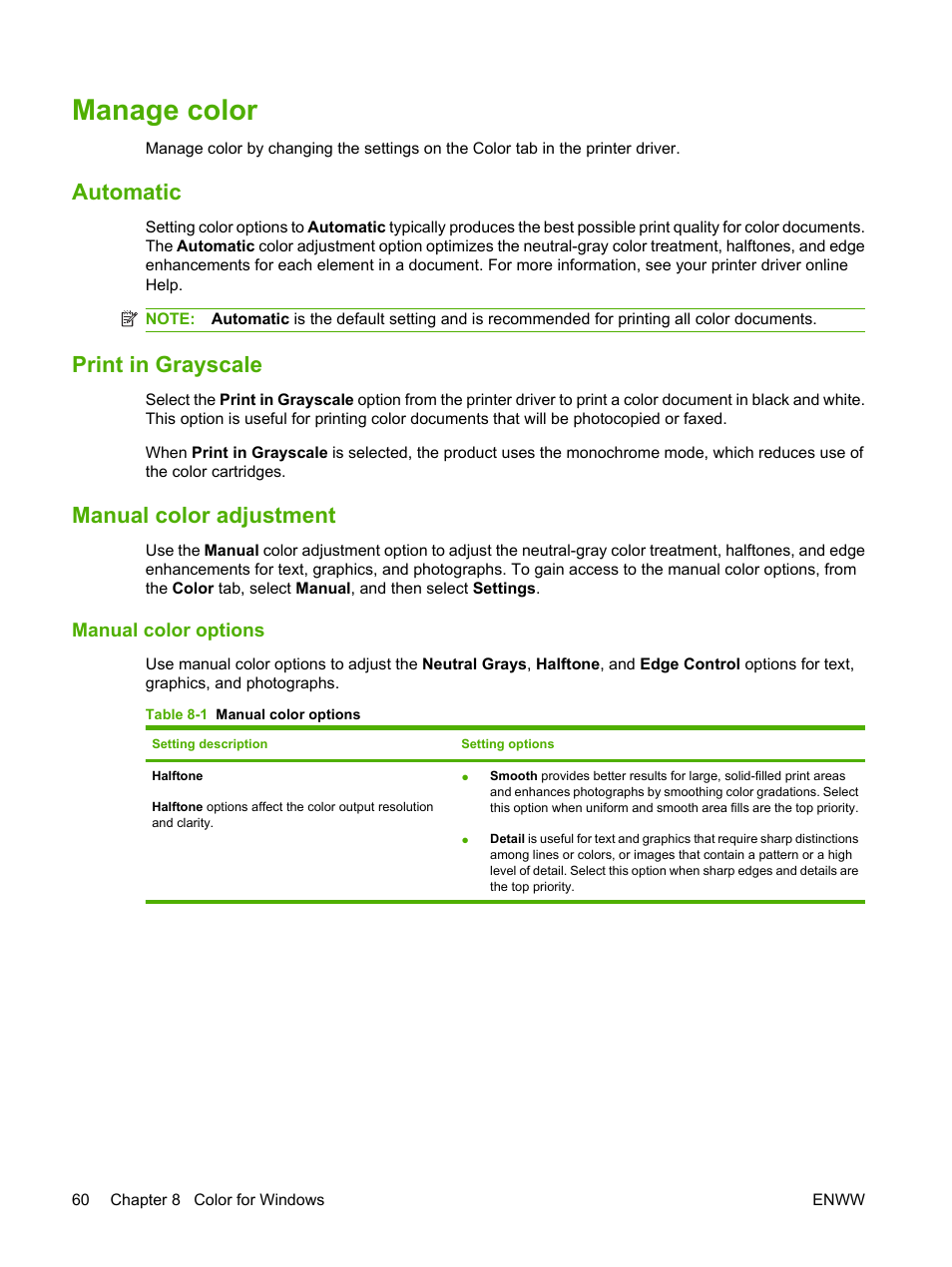 Manage color, Automatic, Print in grayscale | Manual color adjustment, Manual color options | HP Color LaserJet CP2025 Printer series User Manual | Page 70 / 166