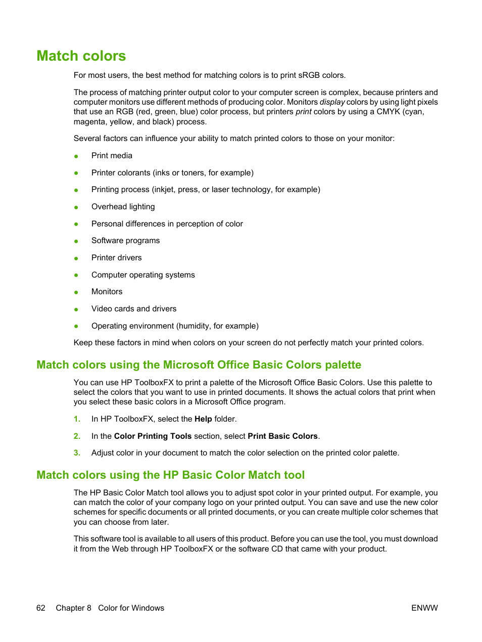 Match colors, Match colors using the hp basic color match tool | HP Color LaserJet CP2025 Printer series User Manual | Page 72 / 166
