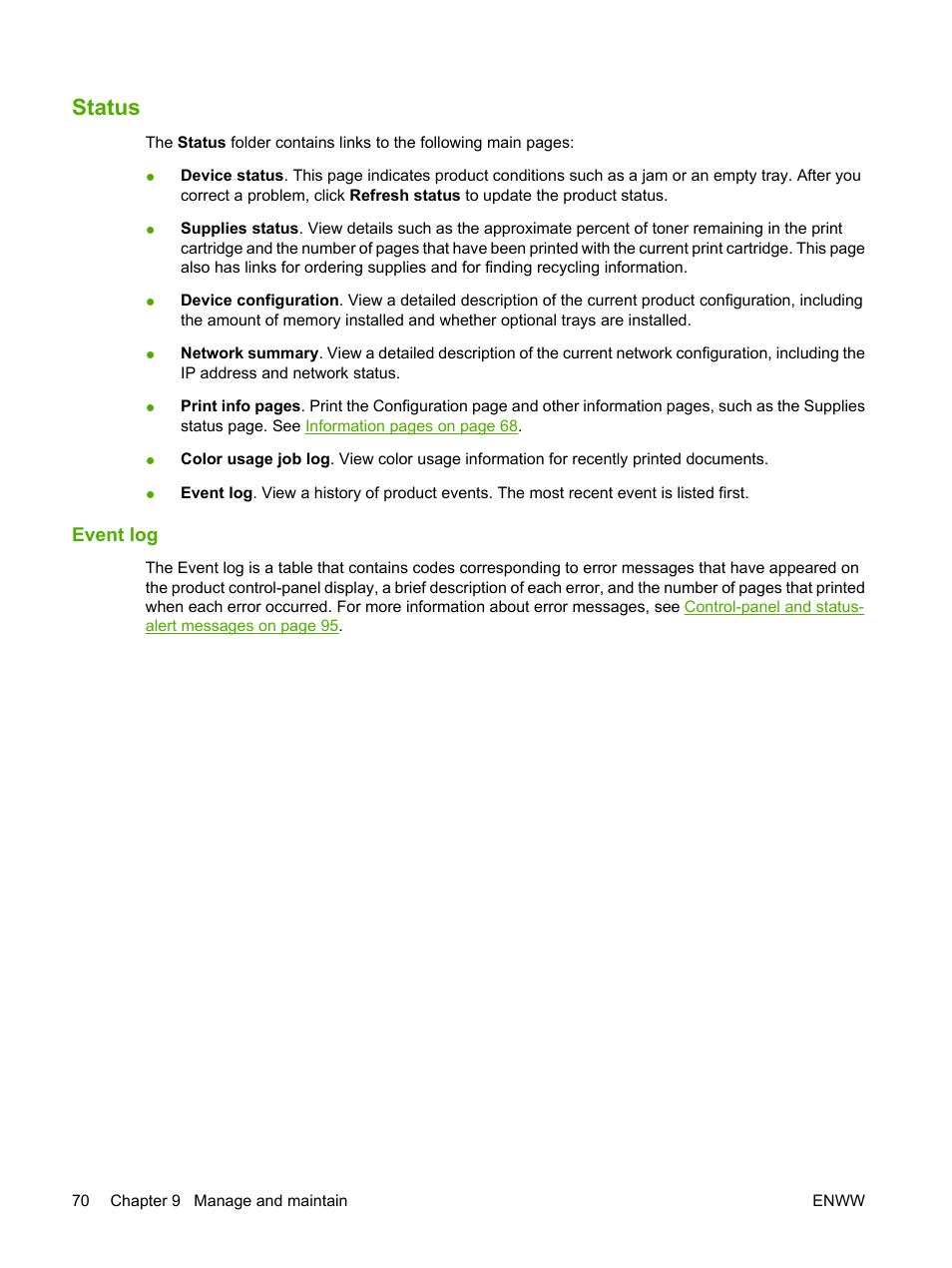 Status, Event log | HP Color LaserJet CP2025 Printer series User Manual | Page 80 / 166