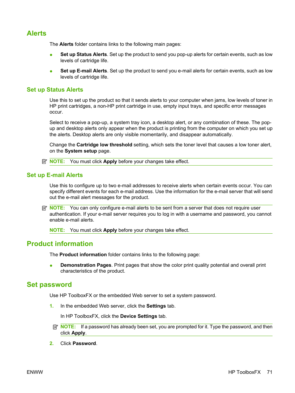 Alerts, Set up status alerts, Set up e-mail alerts | Product information, Set password, Set up status alerts set up e-mail alerts, Product information set password | HP Color LaserJet CP2025 Printer series User Manual | Page 81 / 166