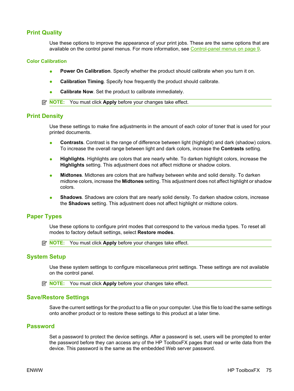 Print quality, Print density, Paper types | System setup, Save/restore settings, Password | HP Color LaserJet CP2025 Printer series User Manual | Page 85 / 166