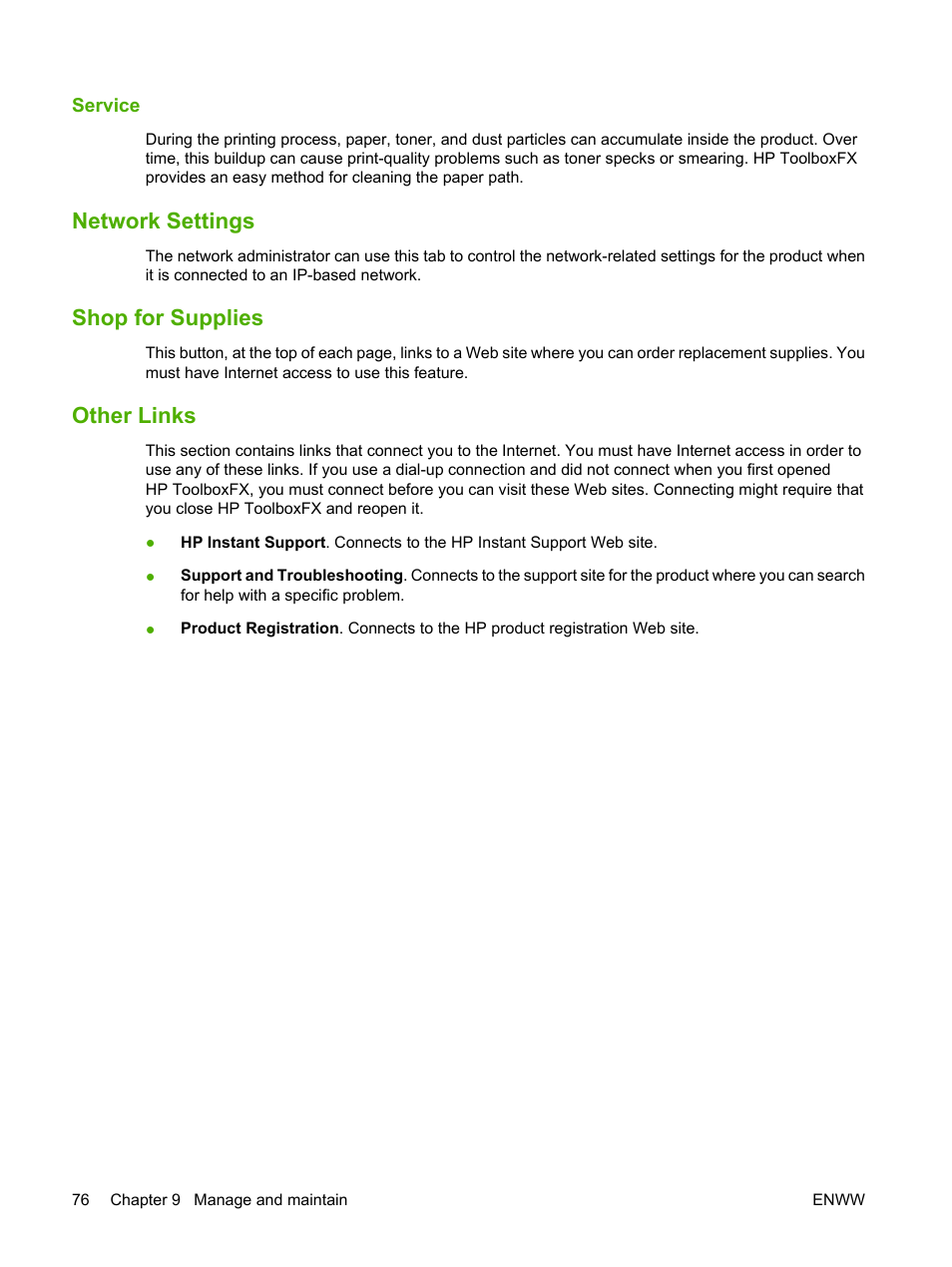 Service, Network settings, Shop for supplies | Other links, Network settings shop for supplies other links | HP Color LaserJet CP2025 Printer series User Manual | Page 86 / 166