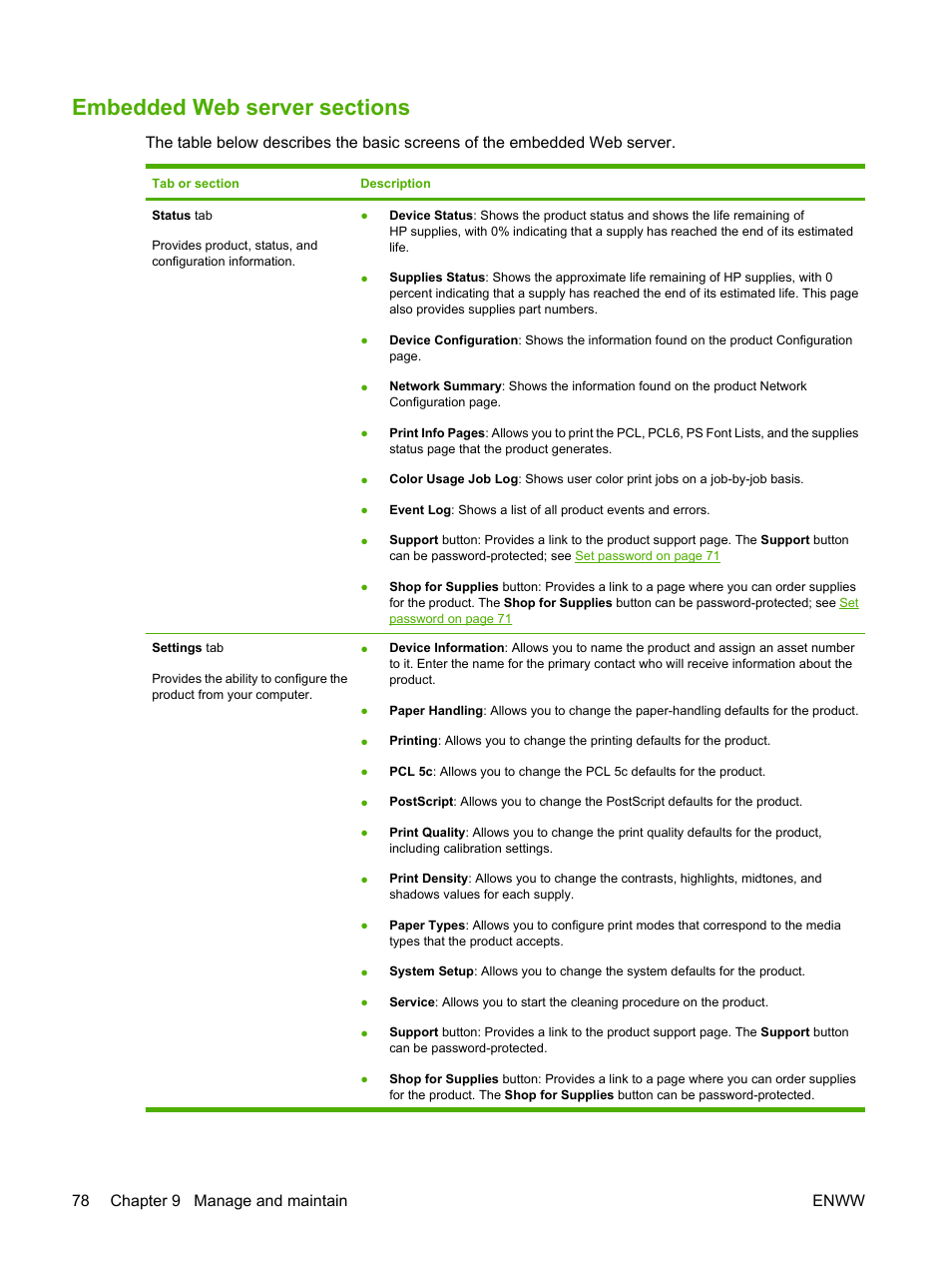 Embedded web server sections, 78 chapter 9 manage and maintain enww | HP Color LaserJet CP2025 Printer series User Manual | Page 88 / 166