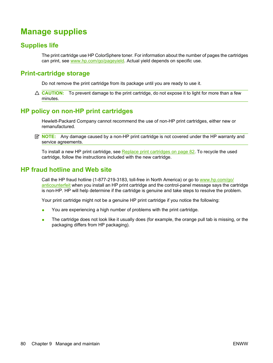 Manage supplies, Supplies life, Print-cartridge storage | Hp policy on non-hp print cartridges, Hp fraud hotline and web site | HP Color LaserJet CP2025 Printer series User Manual | Page 90 / 166