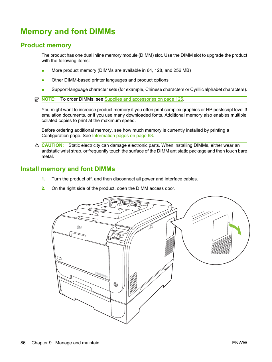Memory and font dimms, Product memory, Install memory and font dimms | Product memory install memory and font dimms | HP Color LaserJet CP2025 Printer series User Manual | Page 96 / 166