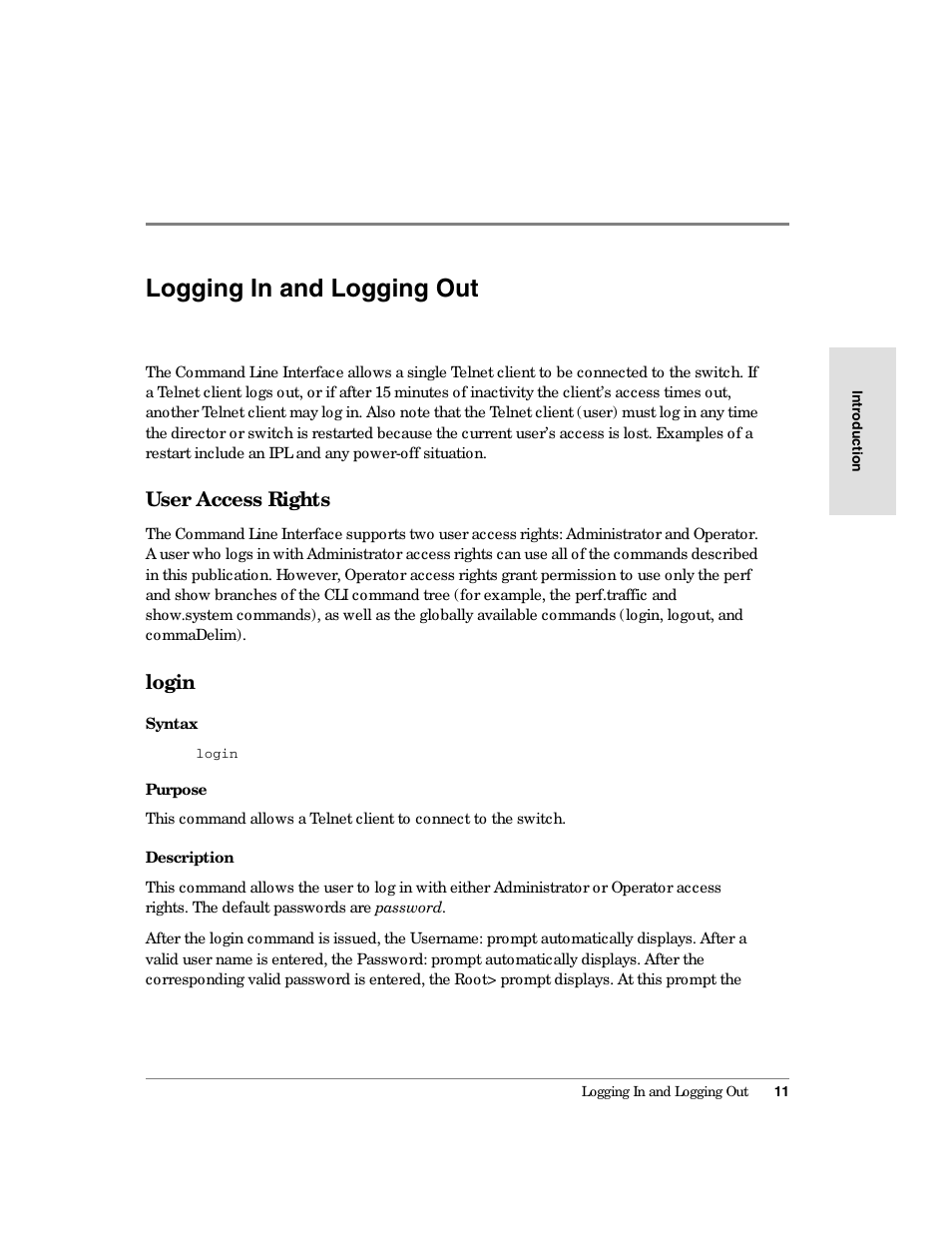 Logging in and logging out, User access rights, Login | HP Surestore 64 Director Switch User Manual | Page 23 / 150