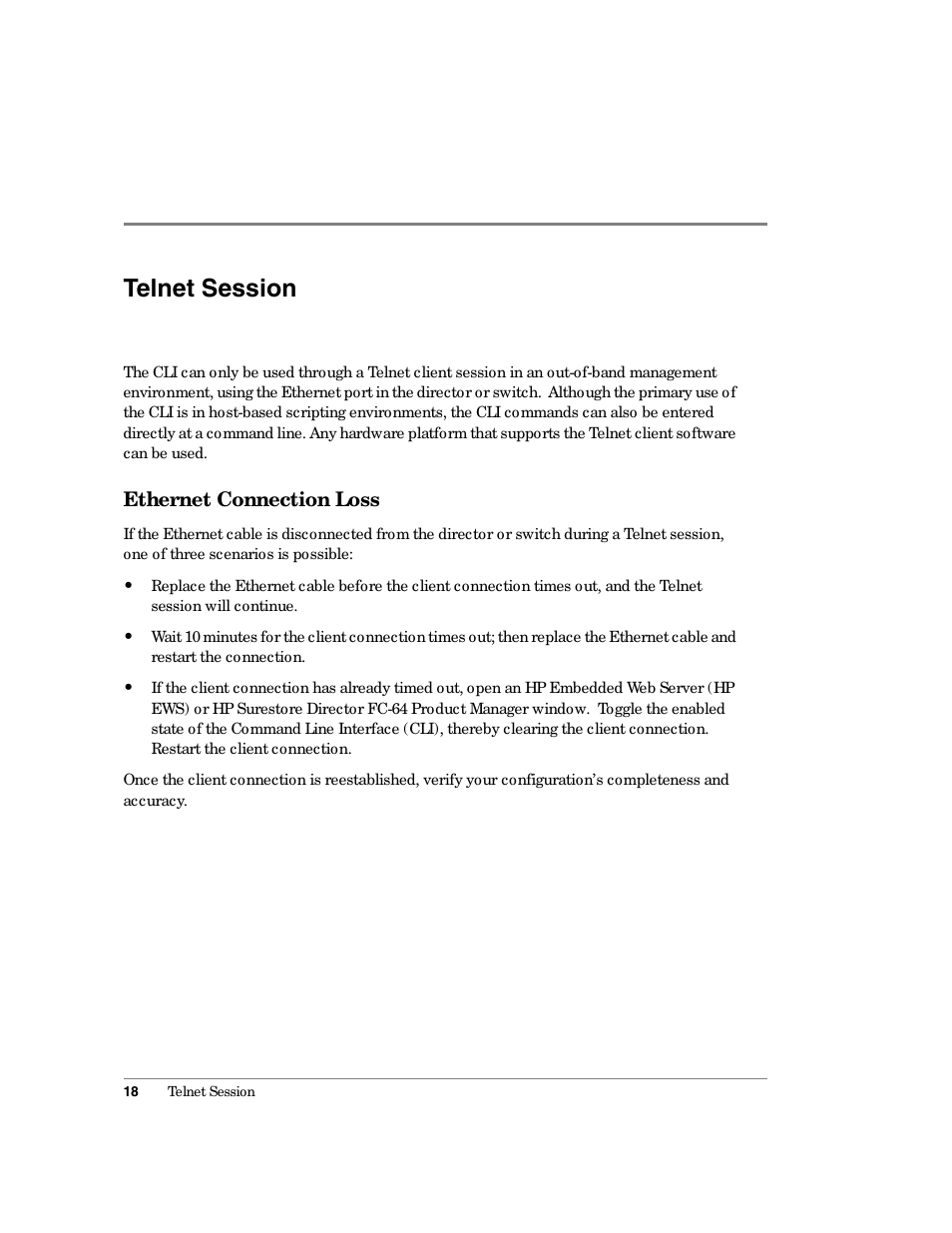 Telnet session, Ethernet connection loss | HP Surestore 64 Director Switch User Manual | Page 30 / 150