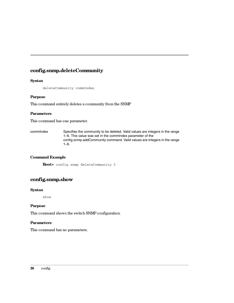 Config.snmp.deletecommunity, Config.snmp.show | HP Surestore 64 Director Switch User Manual | Page 48 / 150
