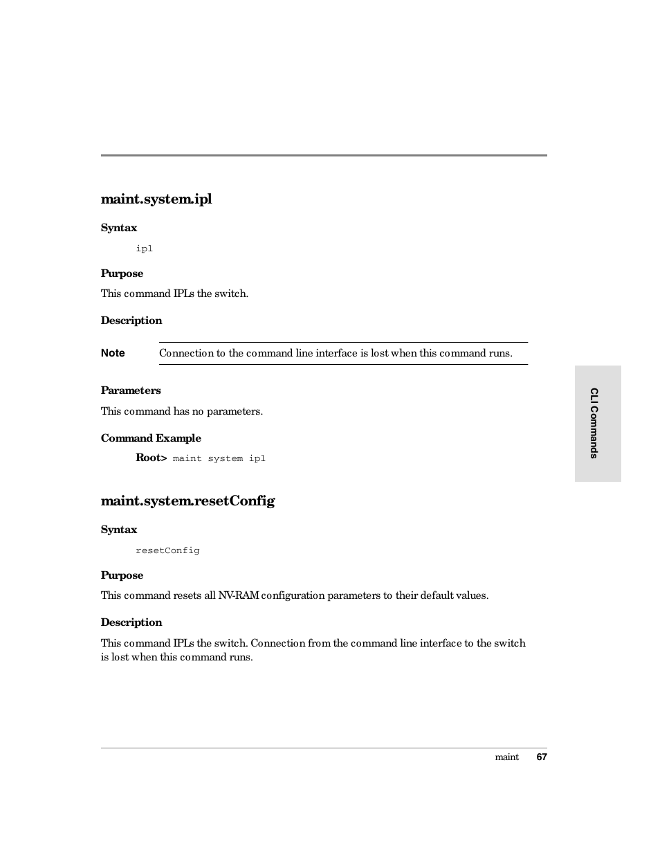 Maint.system.ipl, Maint.system.resetconfig | HP Surestore 64 Director Switch User Manual | Page 79 / 150