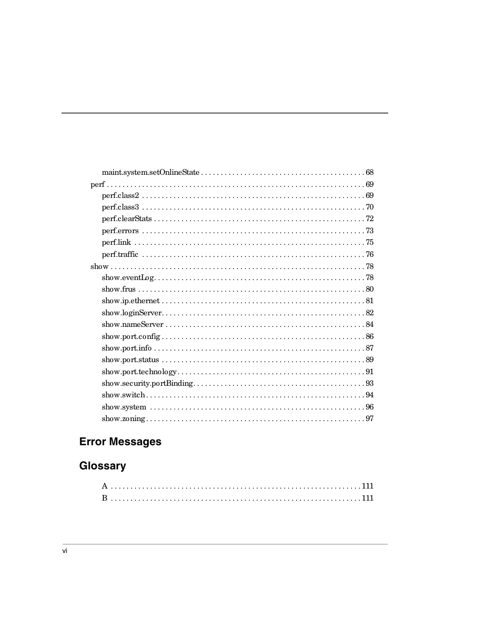 Error messages, Glossary, Error messages glossary | HP Surestore 64 Director Switch User Manual | Page 8 / 150