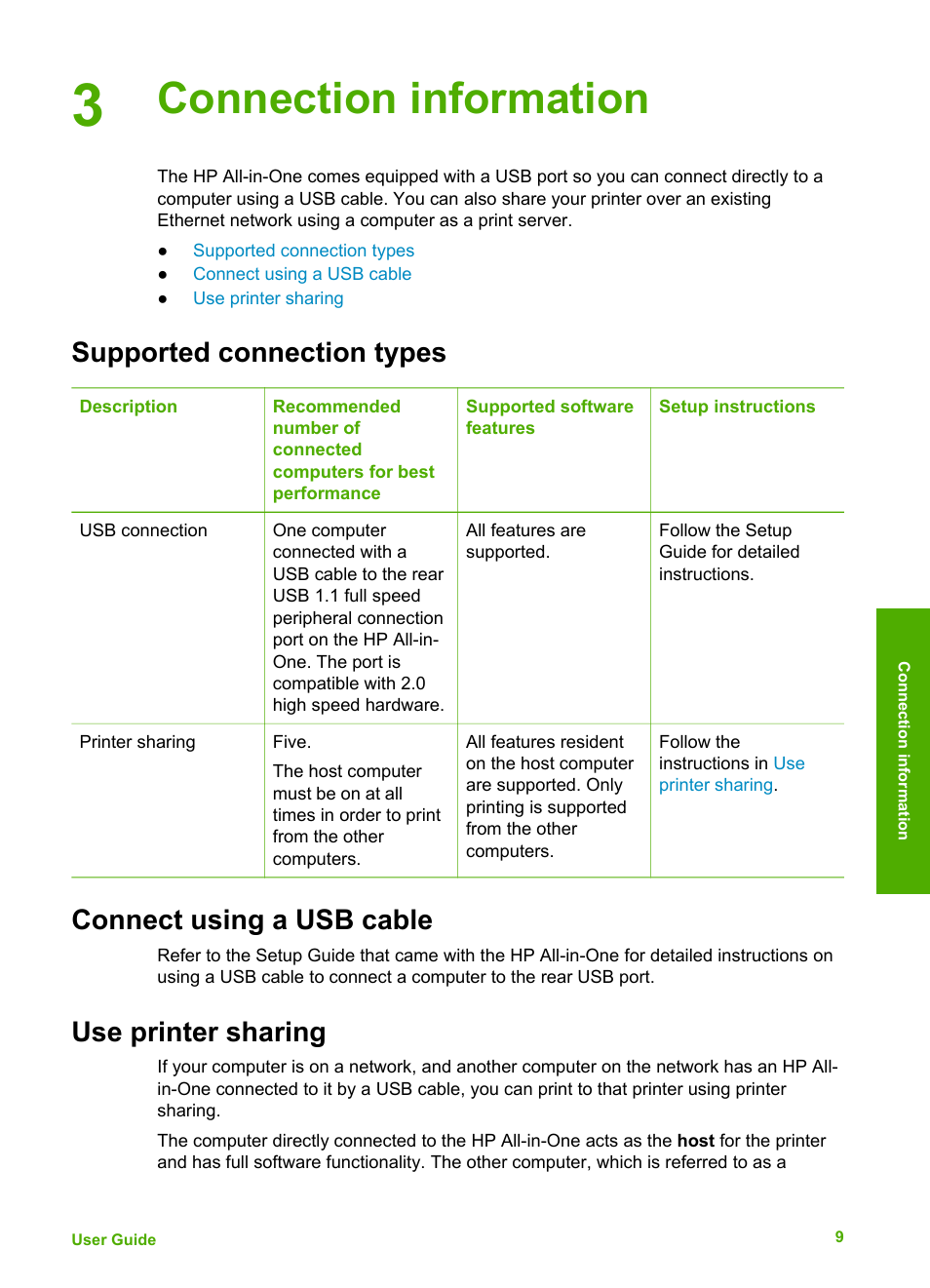 Connection information, Supported connection types, Connect using a usb cable | Use printer sharing | HP Deskjet F375 All-in-One Printer User Manual | Page 12 / 69
