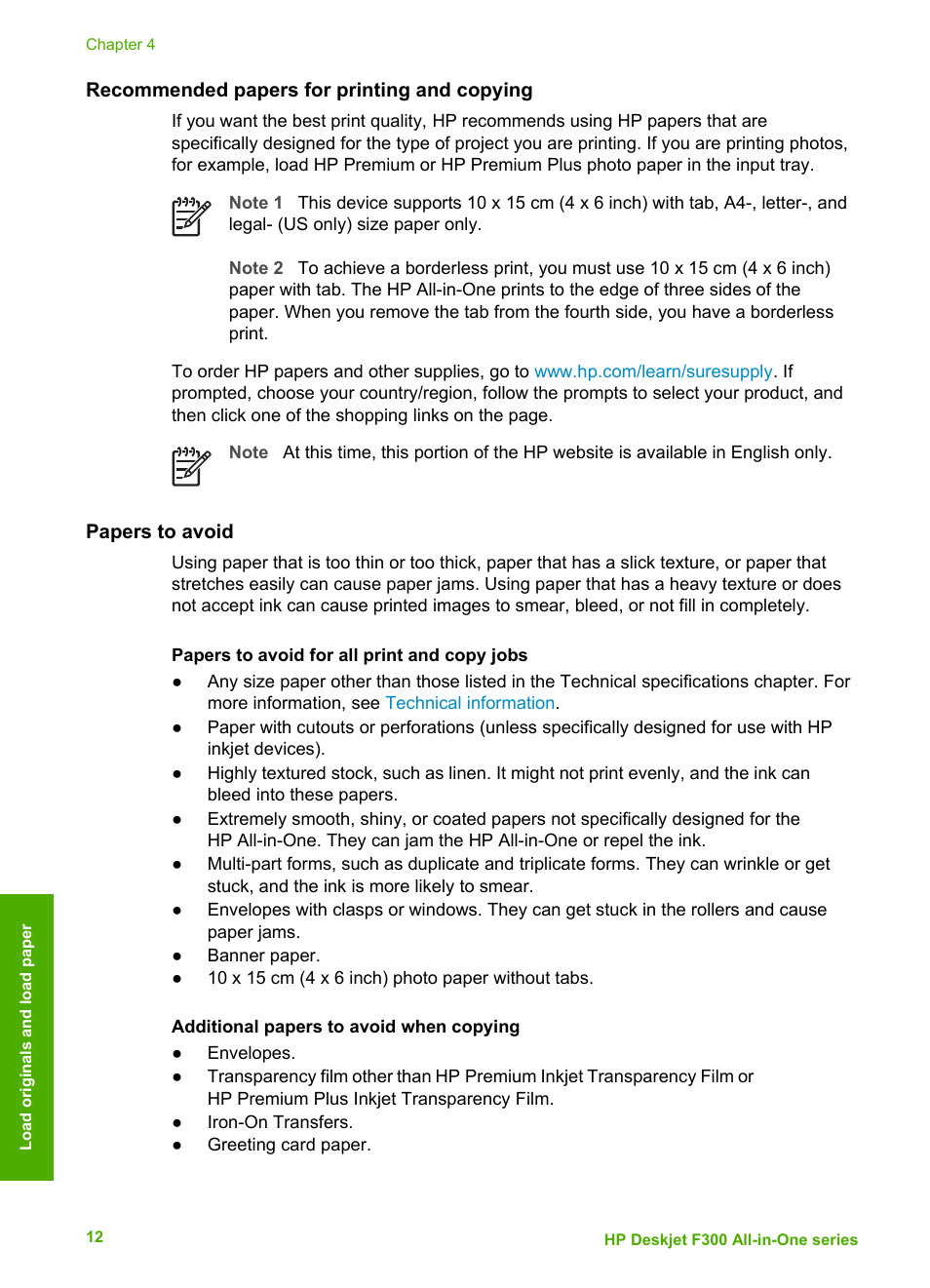 Recommended papers for printing and copying, Papers to avoid | HP Deskjet F375 All-in-One Printer User Manual | Page 15 / 69