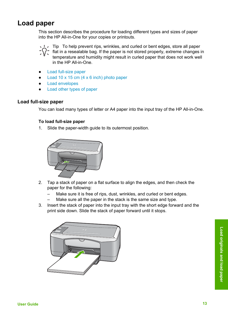 Load paper, Load full-size paper | HP Deskjet F375 All-in-One Printer User Manual | Page 16 / 69