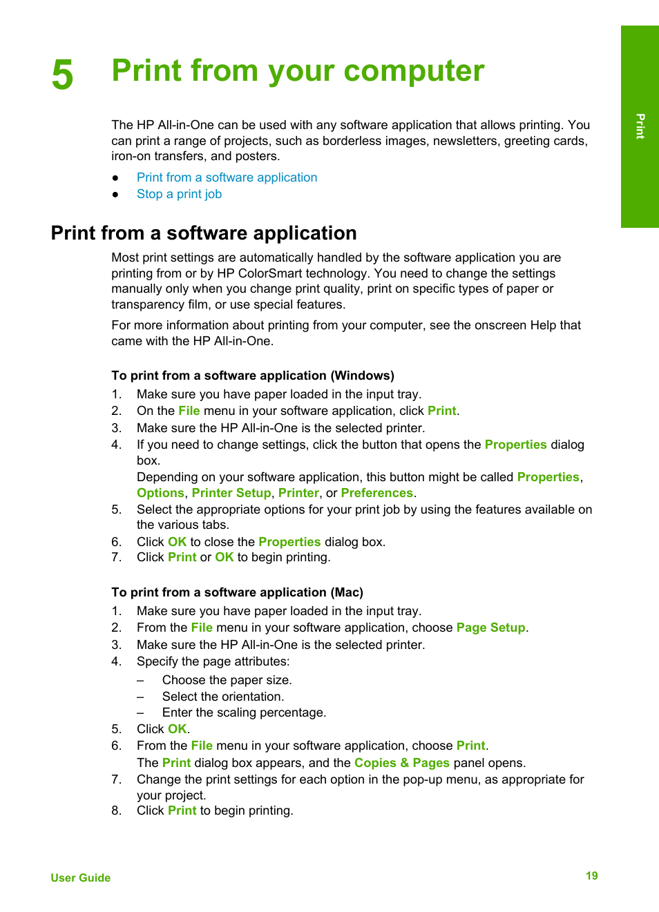 Print from your computer, Print from a software application | HP Deskjet F375 All-in-One Printer User Manual | Page 22 / 69