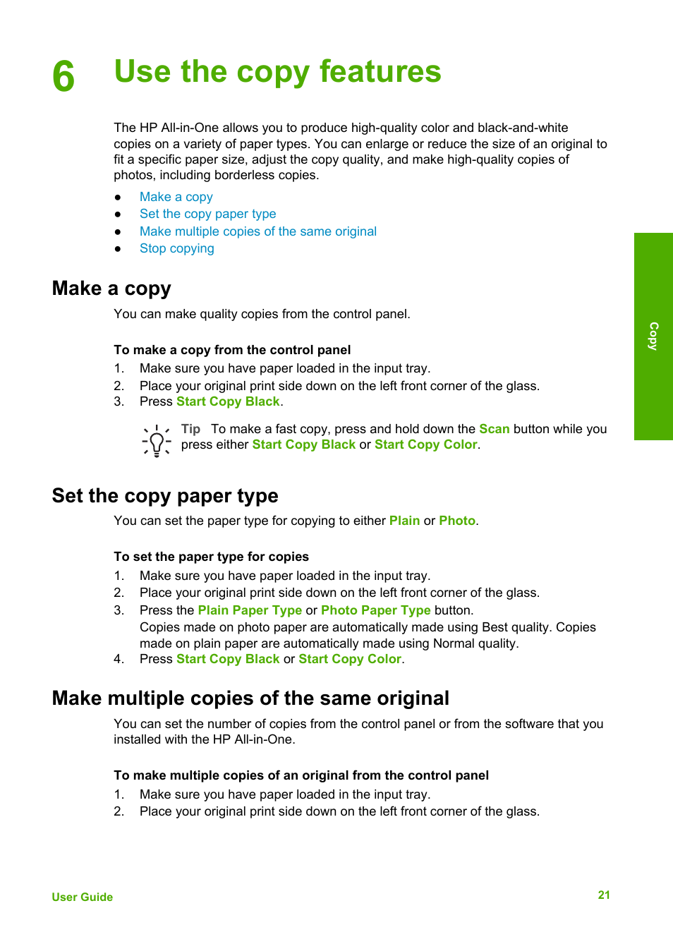 Use the copy features, Make a copy, Set the copy paper type | Make multiple copies of the same original | HP Deskjet F375 All-in-One Printer User Manual | Page 24 / 69