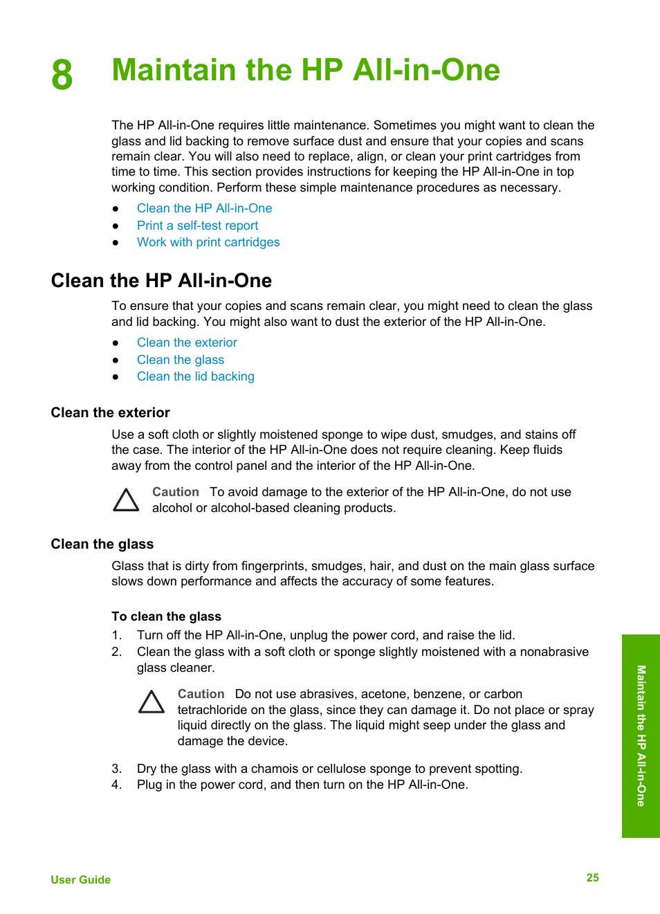 Maintain the hp all-in-one, Clean the hp all-in-one, Clean the exterior | Clean the glass | HP Deskjet F375 All-in-One Printer User Manual | Page 28 / 69