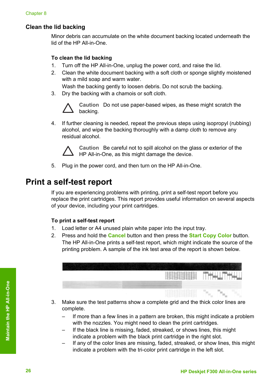 Clean the lid backing, Print a self-test report | HP Deskjet F375 All-in-One Printer User Manual | Page 29 / 69