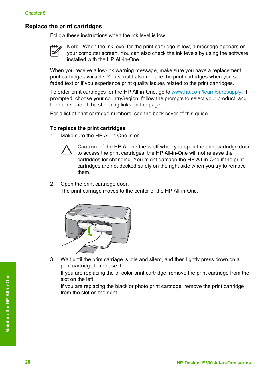 Replace the print cartridges | HP Deskjet F375 All-in-One Printer User Manual | Page 31 / 69