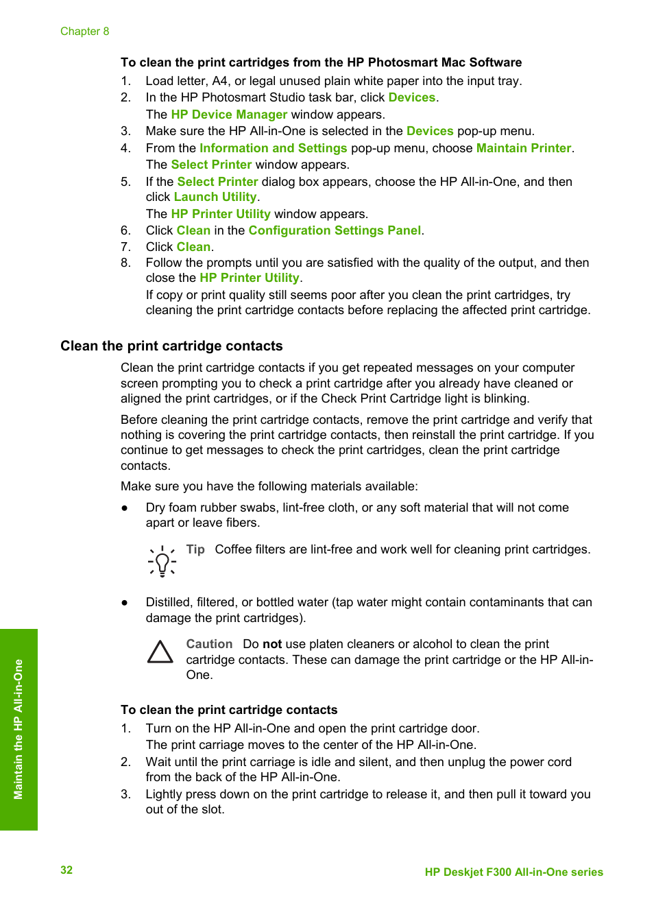 Clean the print cartridge contacts | HP Deskjet F375 All-in-One Printer User Manual | Page 35 / 69