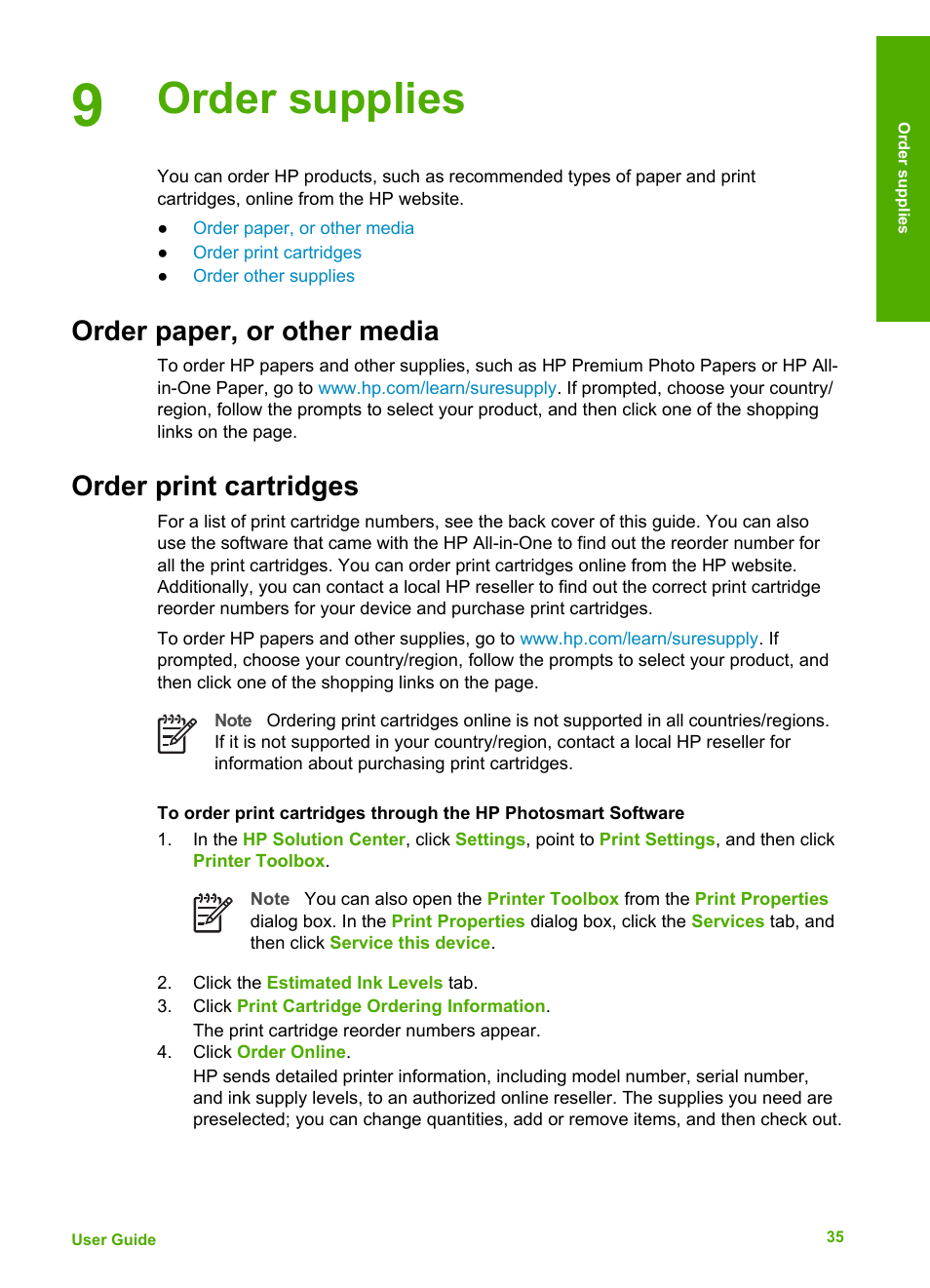 Order supplies, Order paper, or other media, Order print cartridges | Order paper, or other media order print cartridges | HP Deskjet F375 All-in-One Printer User Manual | Page 38 / 69