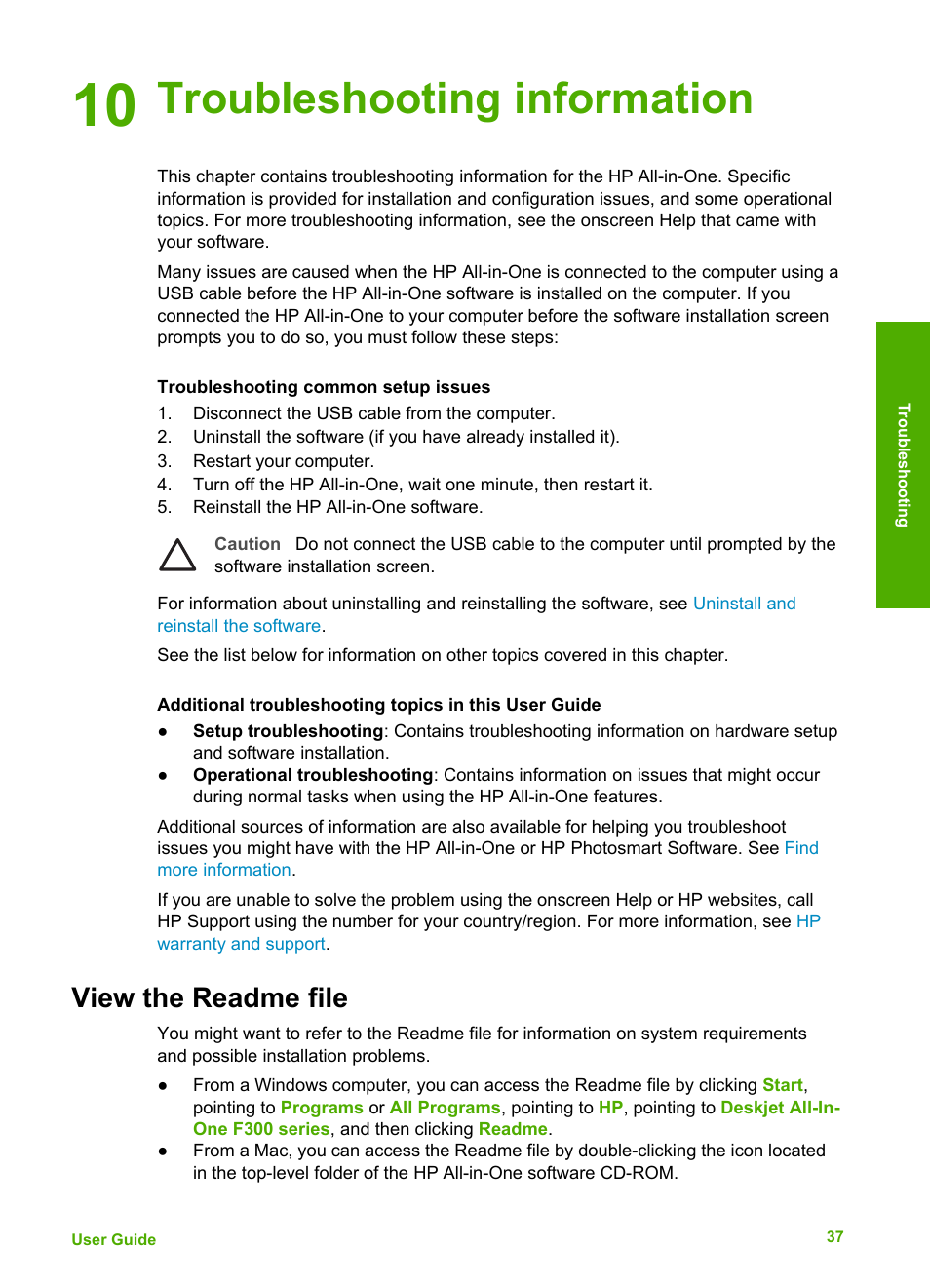 Troubleshooting information, View the readme file, 10 troubleshooting information | HP Deskjet F375 All-in-One Printer User Manual | Page 40 / 69