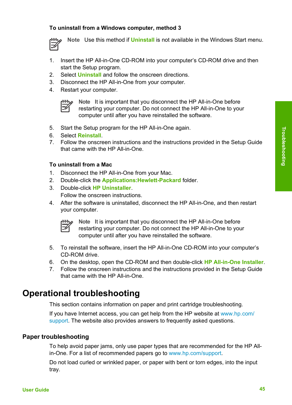Operational troubleshooting, Paper troubleshooting | HP Deskjet F375 All-in-One Printer User Manual | Page 48 / 69