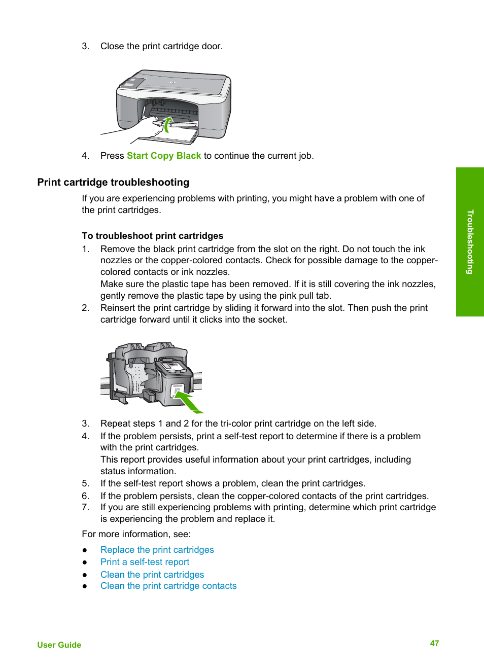 Print cartridge troubleshooting | HP Deskjet F375 All-in-One Printer User Manual | Page 50 / 69