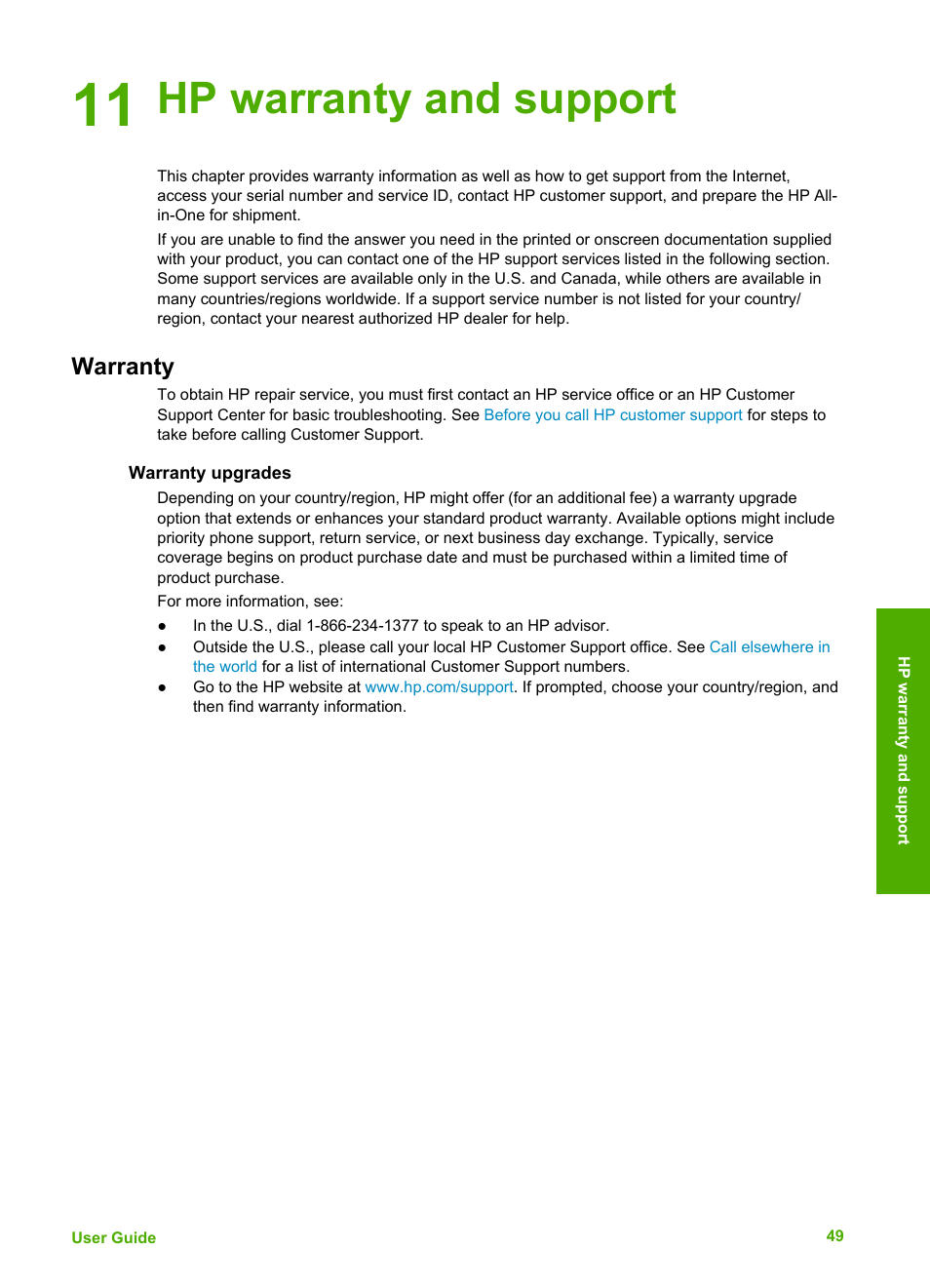 Hp warranty and support, Warranty, Warranty upgrades | 11 hp warranty and support, Warranty and support | HP Deskjet F375 All-in-One Printer User Manual | Page 52 / 69