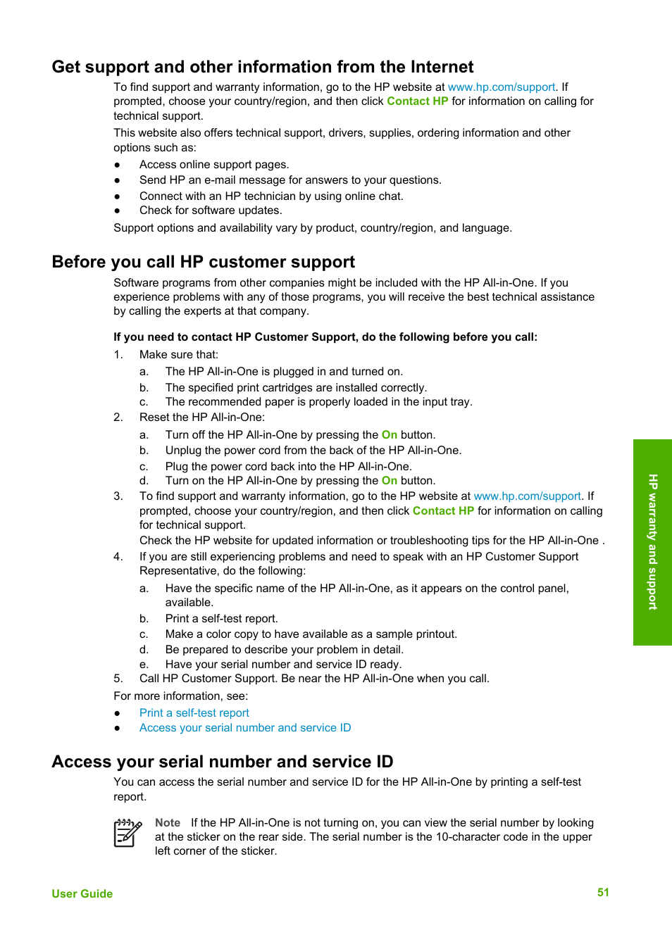 Before you call hp customer support, Access your serial number and service id | HP Deskjet F375 All-in-One Printer User Manual | Page 54 / 69