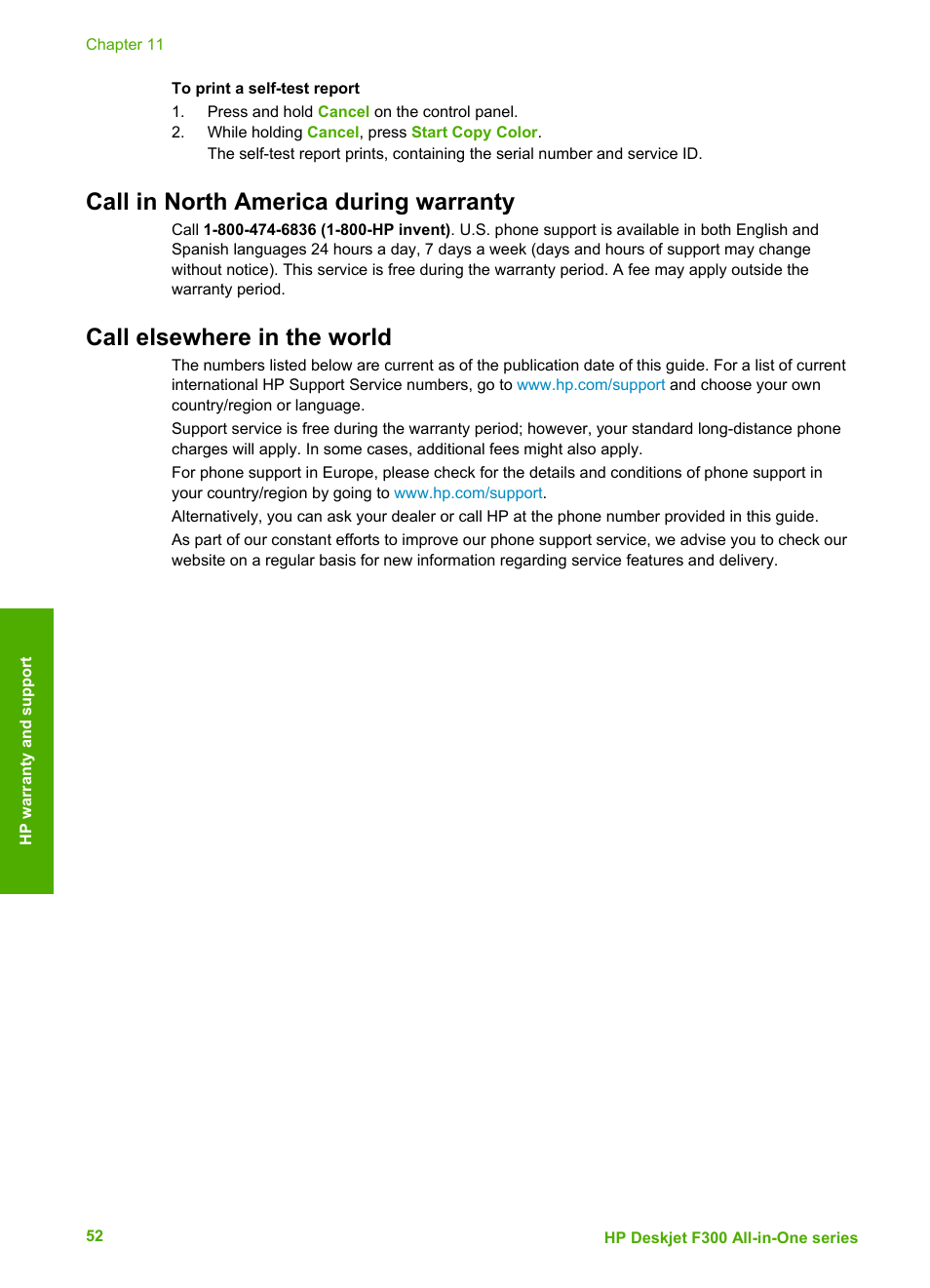 Call in north america during warranty, Call elsewhere in the world, Call elsewhere in | The world | HP Deskjet F375 All-in-One Printer User Manual | Page 55 / 69
