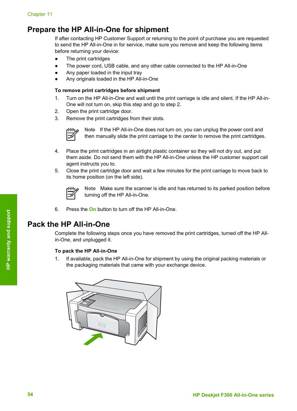 Prepare the hp all-in-one for shipment, Pack the hp all-in-one | HP Deskjet F375 All-in-One Printer User Manual | Page 57 / 69