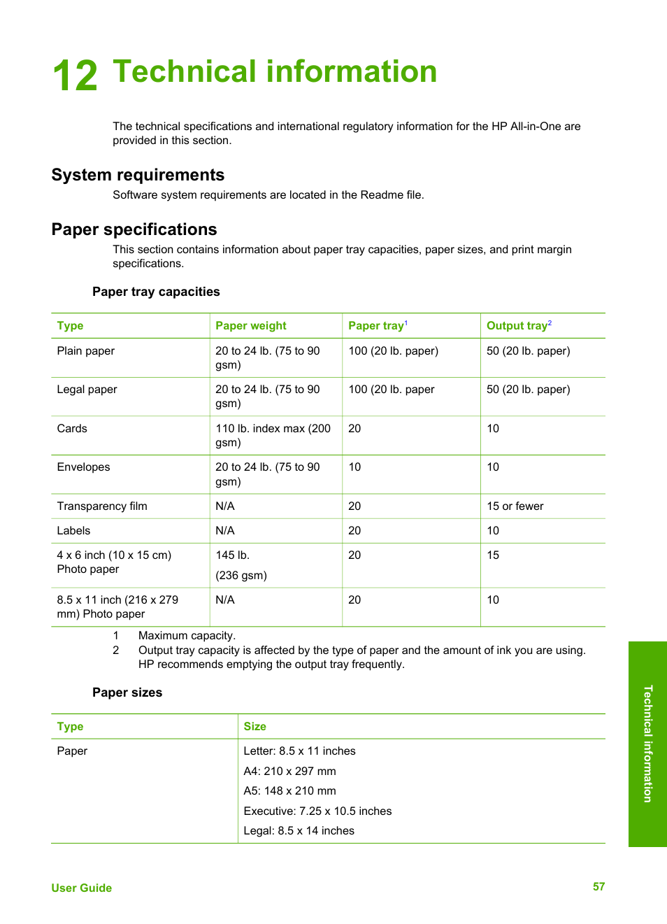 Technical information, System requirements, Paper specifications | Paper tray capacities, Paper sizes, 12 technical information, System requirements paper specifications | HP Deskjet F375 All-in-One Printer User Manual | Page 60 / 69