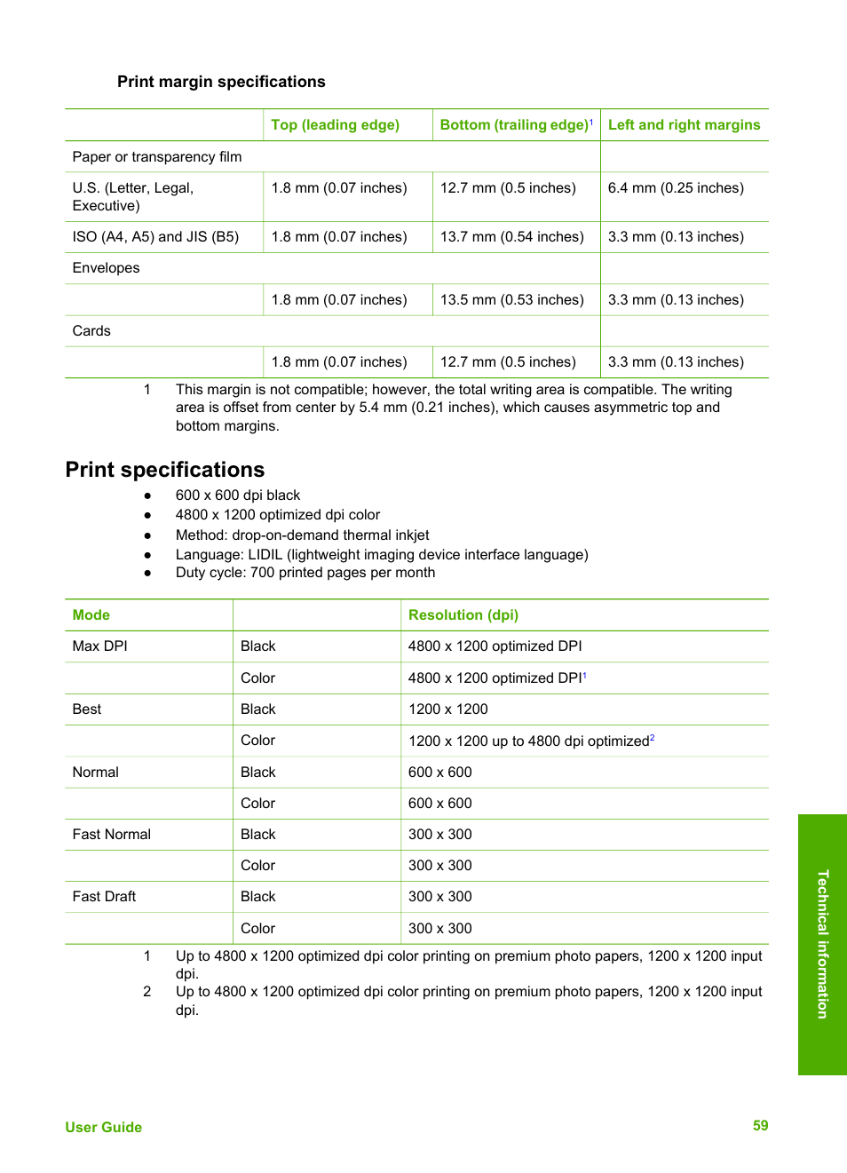 Print margin specifications, Print specifications | HP Deskjet F375 All-in-One Printer User Manual | Page 62 / 69