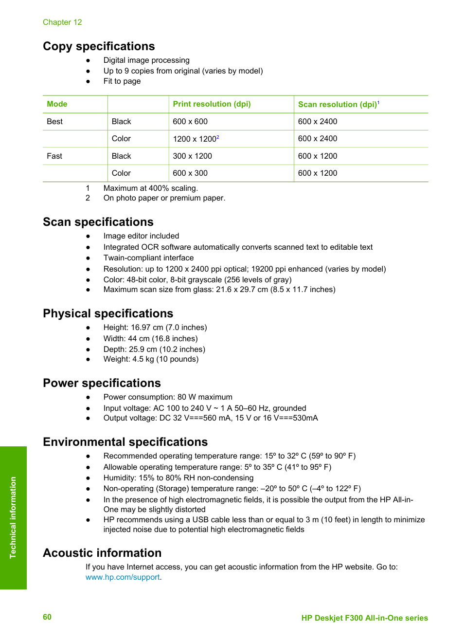Copy specifications, Scan specifications, Physical specifications | Power specifications, Environmental specifications, Acoustic information | HP Deskjet F375 All-in-One Printer User Manual | Page 63 / 69