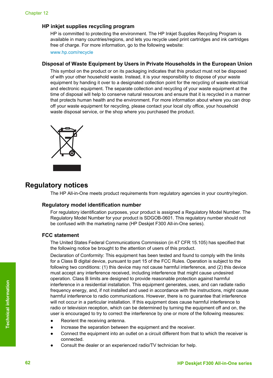 Hp inkjet supplies recycling program, Regulatory notices, Regulatory model identification number | Fcc statement | HP Deskjet F375 All-in-One Printer User Manual | Page 65 / 69