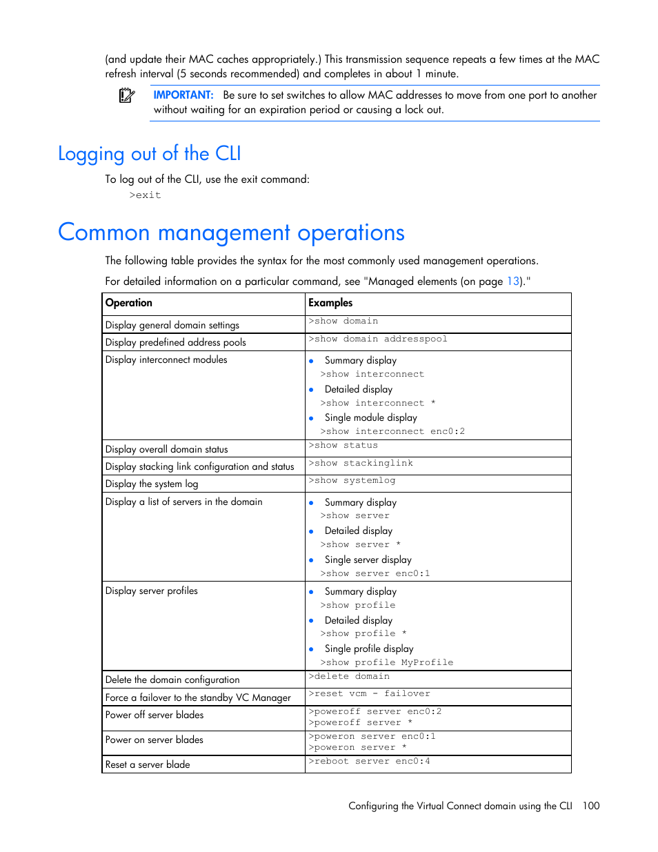 Logging out of the cli, Common management operations | HP Virtual Connect Flex-10 10Gb Ethernet Module for c-Class BladeSystem User Manual | Page 100 / 106