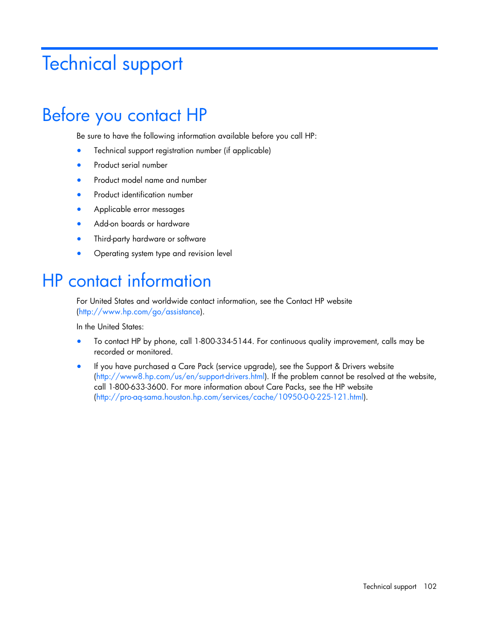 Technical support, Before you contact hp, Hp contact information | HP Virtual Connect Flex-10 10Gb Ethernet Module for c-Class BladeSystem User Manual | Page 102 / 106