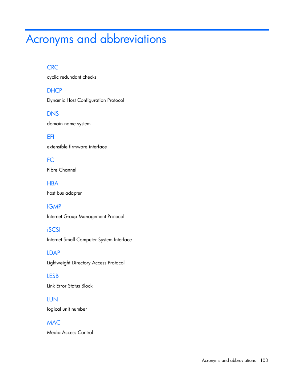 Acronyms and abbreviations | HP Virtual Connect Flex-10 10Gb Ethernet Module for c-Class BladeSystem User Manual | Page 103 / 106