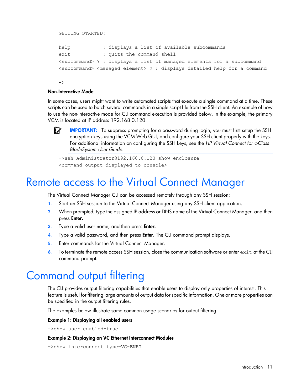 Remote access to the virtual connect manager, Command output filtering | HP Virtual Connect Flex-10 10Gb Ethernet Module for c-Class BladeSystem User Manual | Page 11 / 106