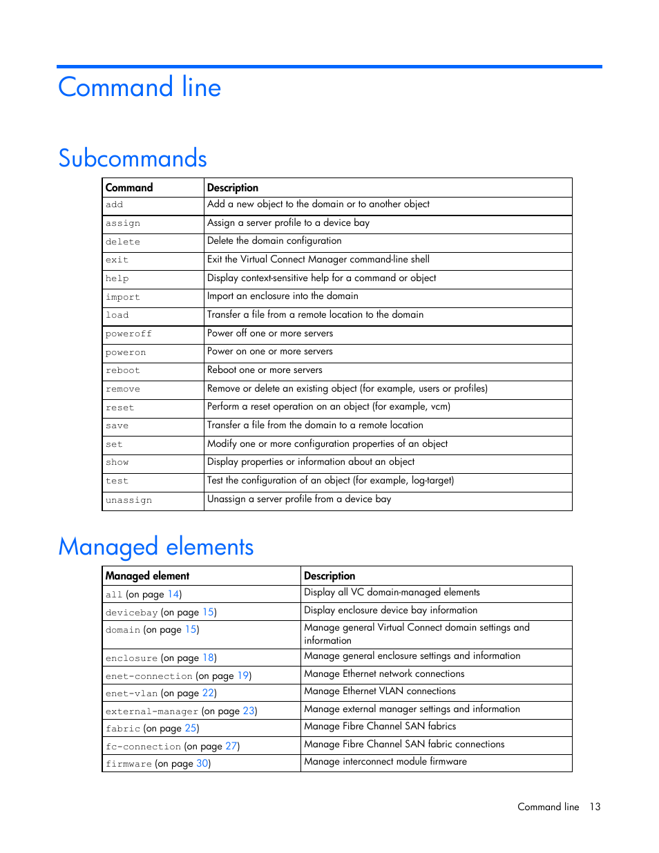 Command line, Subcommands, Managed elements | HP Virtual Connect Flex-10 10Gb Ethernet Module for c-Class BladeSystem User Manual | Page 13 / 106