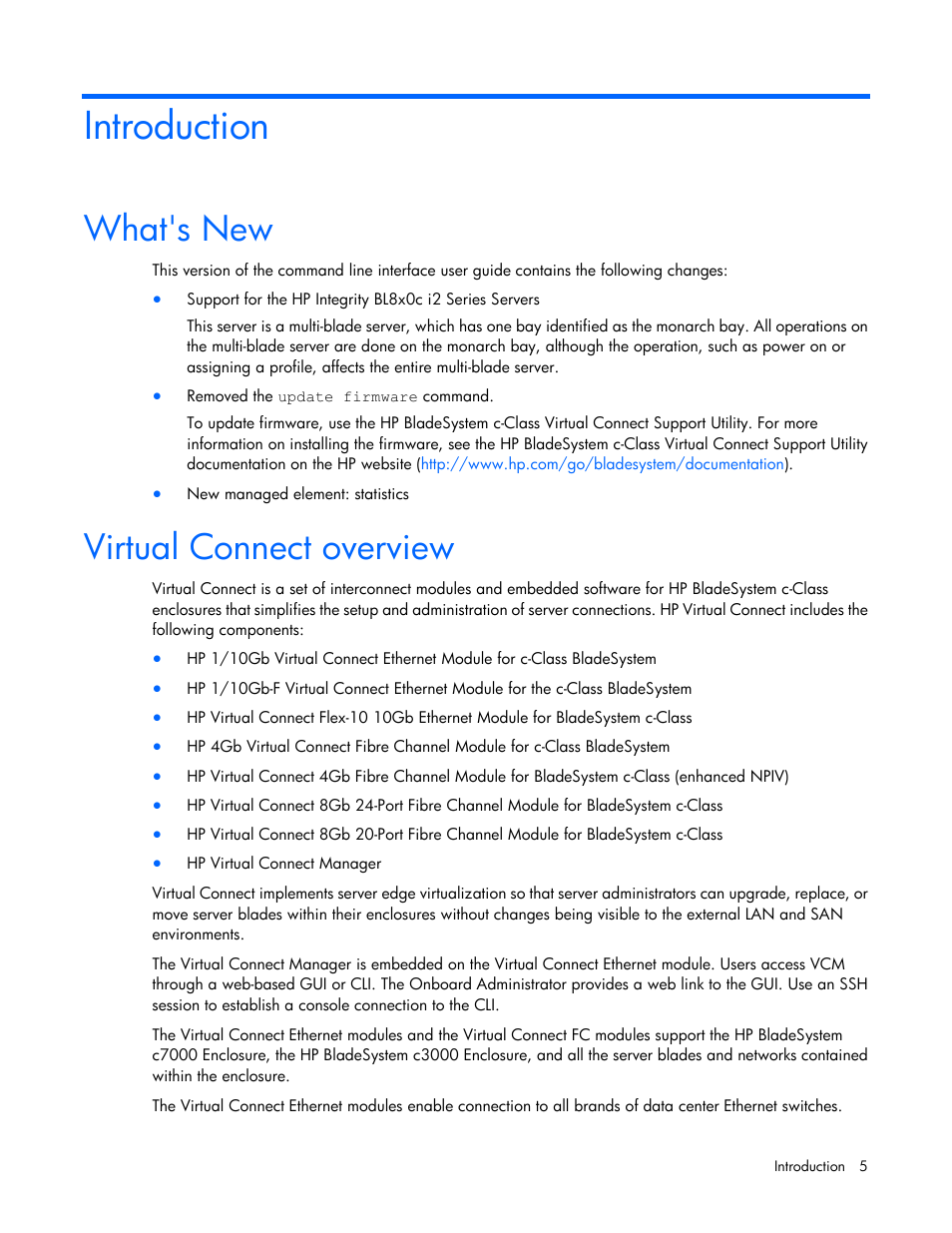Introduction, What's new, Virtual connect overview | HP Virtual Connect Flex-10 10Gb Ethernet Module for c-Class BladeSystem User Manual | Page 5 / 106