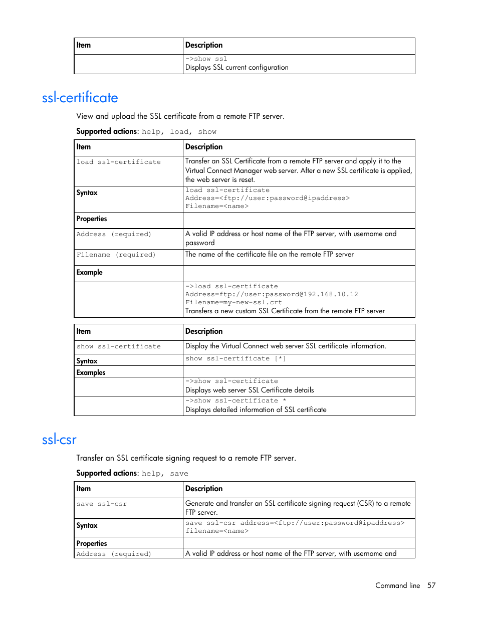Ssl-certificate, Ssl-csr | HP Virtual Connect Flex-10 10Gb Ethernet Module for c-Class BladeSystem User Manual | Page 57 / 106
