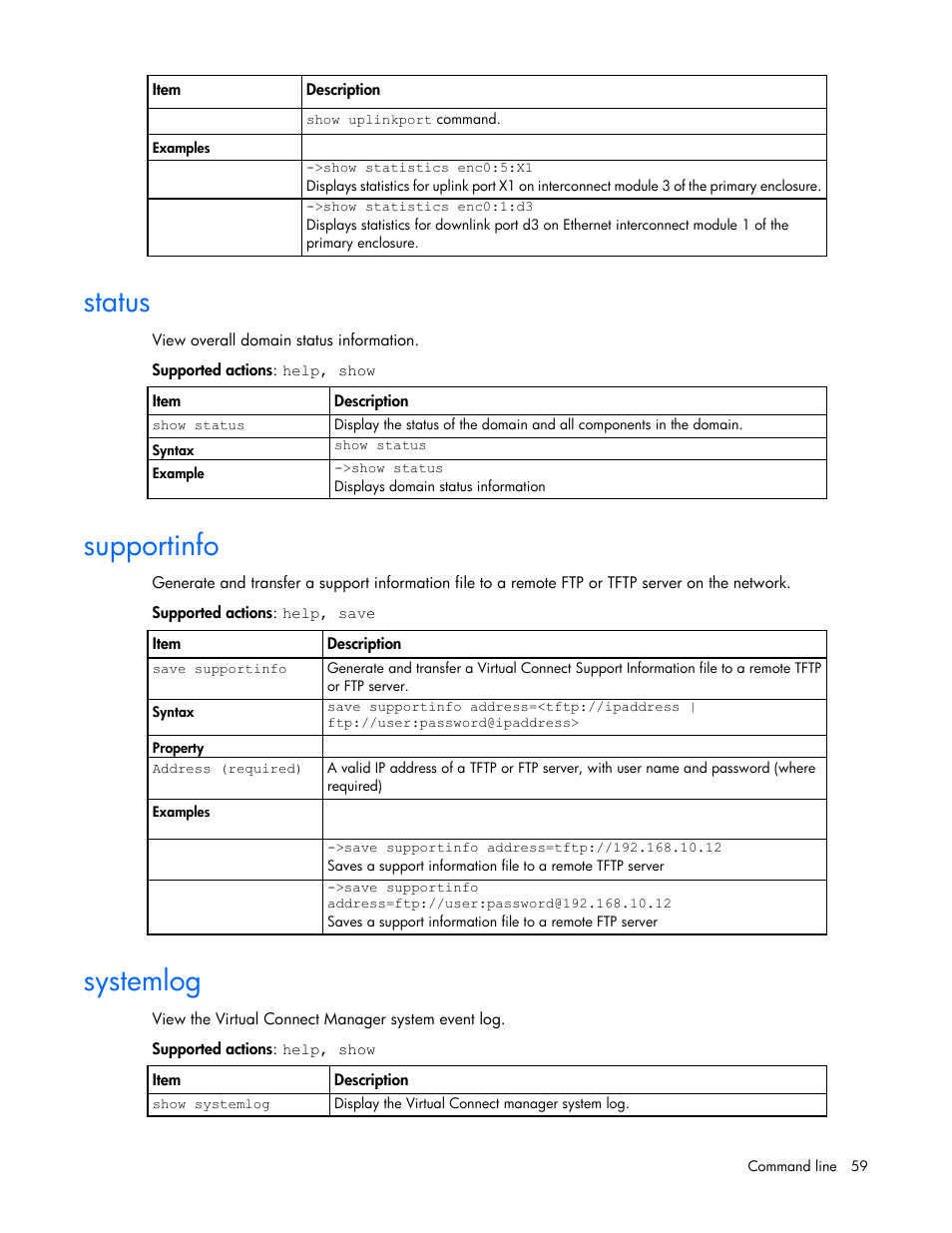 Status, Supportinfo, Systemlog | HP Virtual Connect Flex-10 10Gb Ethernet Module for c-Class BladeSystem User Manual | Page 59 / 106