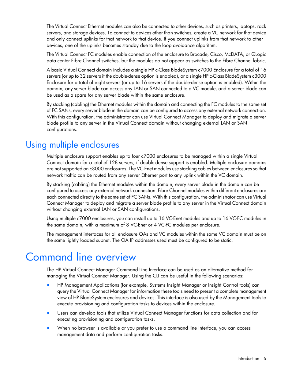 Using multiple enclosures, Command line overview | HP Virtual Connect Flex-10 10Gb Ethernet Module for c-Class BladeSystem User Manual | Page 6 / 106