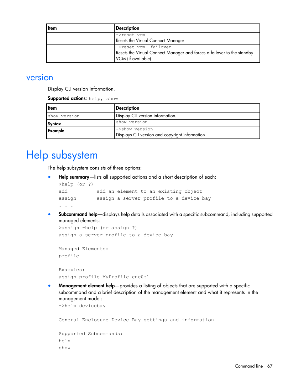 Version, Help subsystem | HP Virtual Connect Flex-10 10Gb Ethernet Module for c-Class BladeSystem User Manual | Page 67 / 106