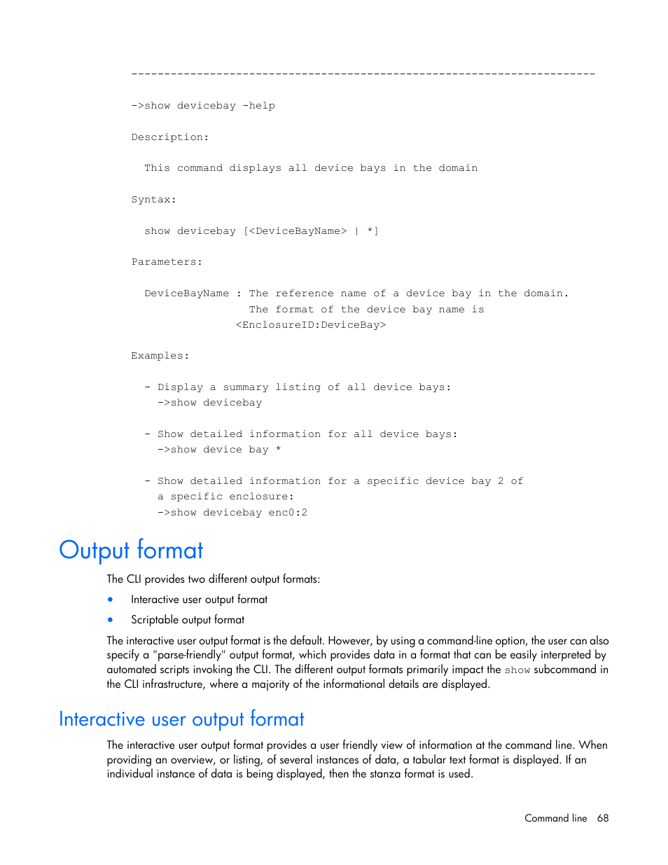 Output format, Interactive user output format | HP Virtual Connect Flex-10 10Gb Ethernet Module for c-Class BladeSystem User Manual | Page 68 / 106