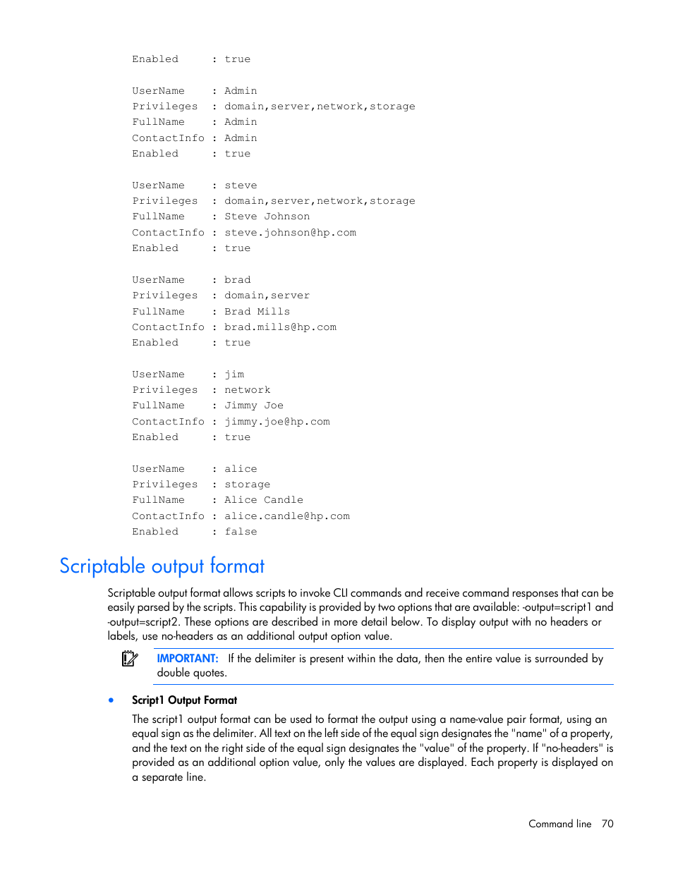Scriptable output format | HP Virtual Connect Flex-10 10Gb Ethernet Module for c-Class BladeSystem User Manual | Page 70 / 106