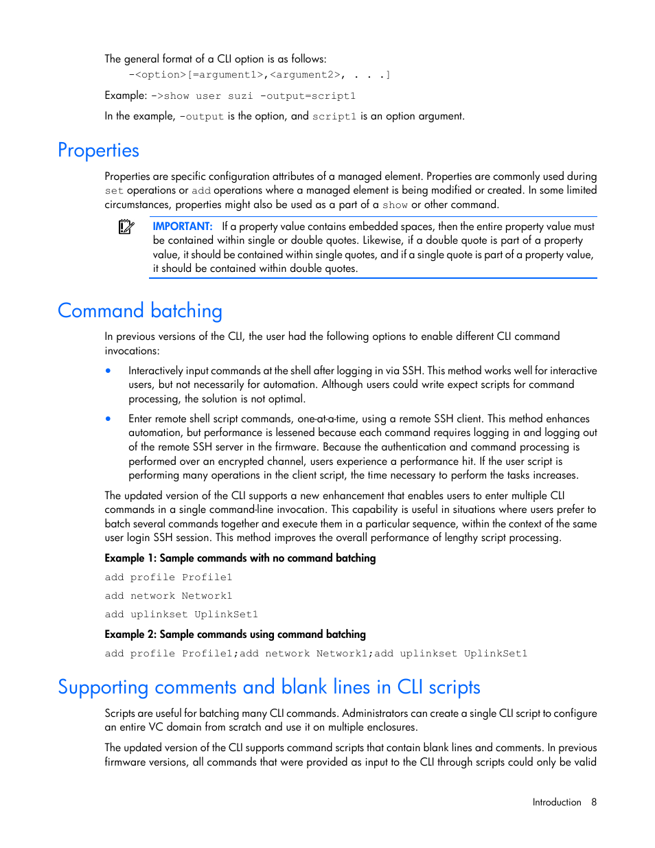 Properties, Command batching, Supporting comments and blank lines in cli scripts | HP Virtual Connect Flex-10 10Gb Ethernet Module for c-Class BladeSystem User Manual | Page 8 / 106