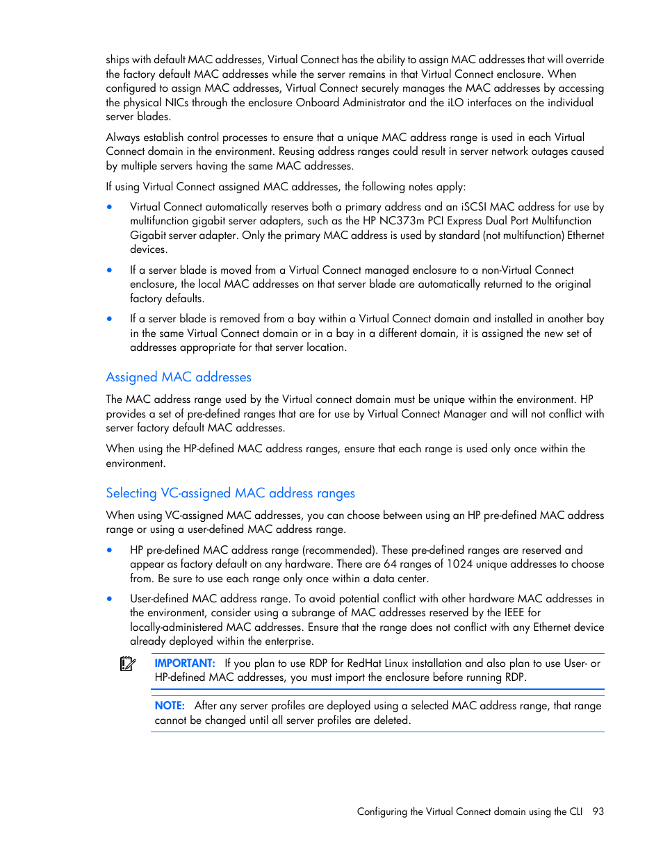 Assigned mac addresses, Selecting vc-assigned mac address ranges | HP Virtual Connect Flex-10 10Gb Ethernet Module for c-Class BladeSystem User Manual | Page 93 / 106